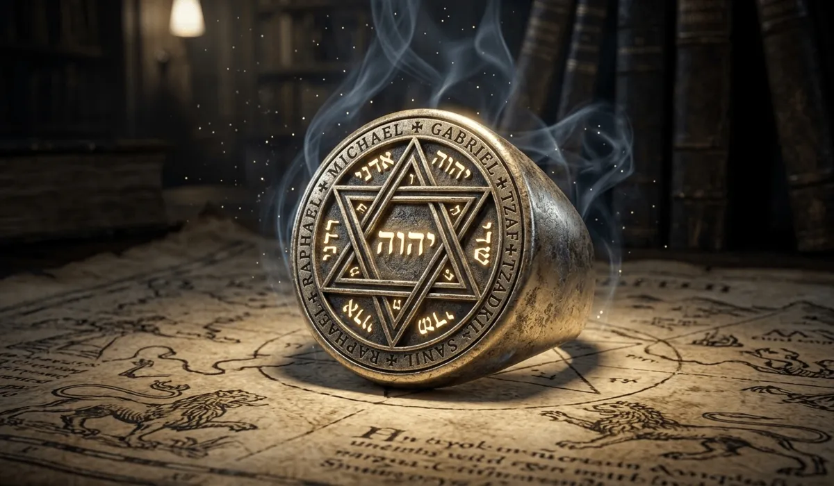 The Seal of Solomon and the Star of David: Exploring the History, Meanings, and Differences - Buddha Bodhis An ancient 3D Seal of Solomon signet ring with glowing mystical engravings, representing divine authority and legendary power.