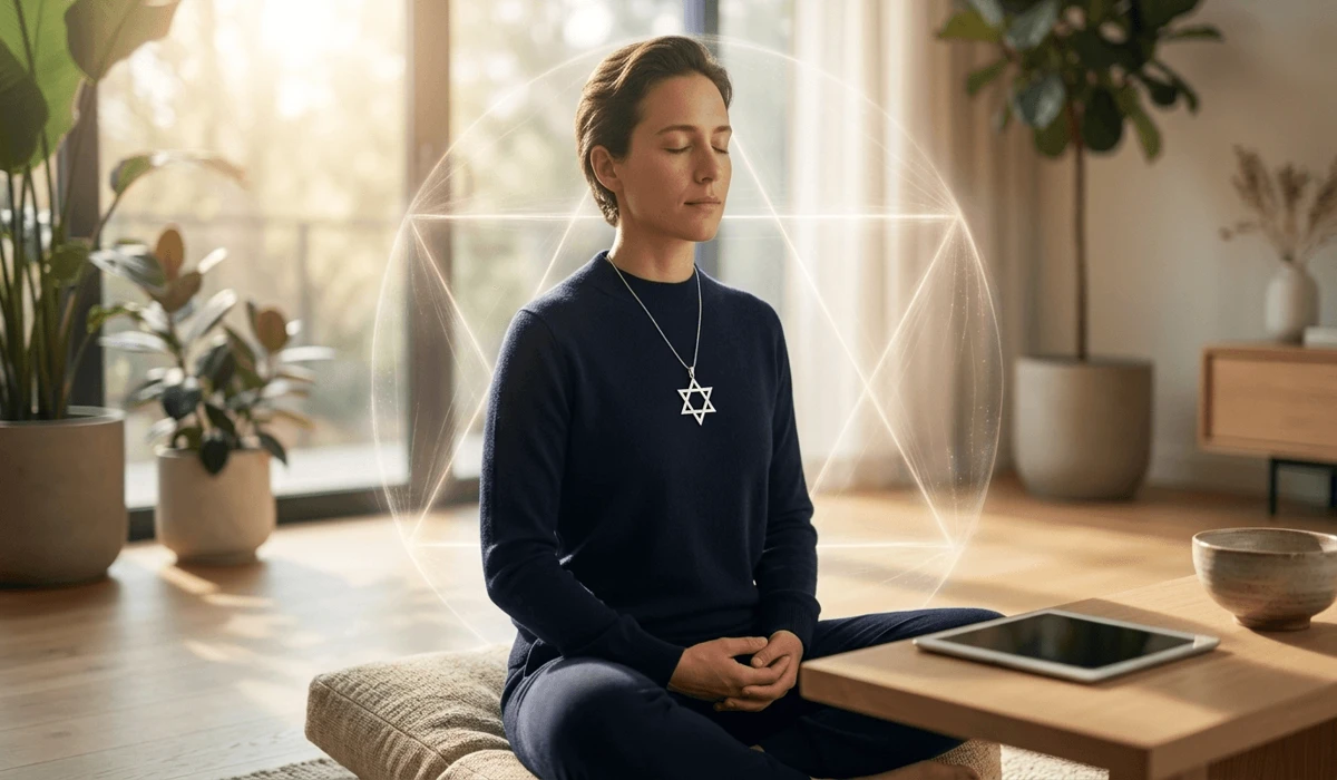 The Seal of Solomon and the Star of David: Exploring the History, Meanings, and Differences 4 - Buddha Bodhis A person wearing a Star of David pendant as a modern talisman for spiritual shielding and grounding in the digital age.