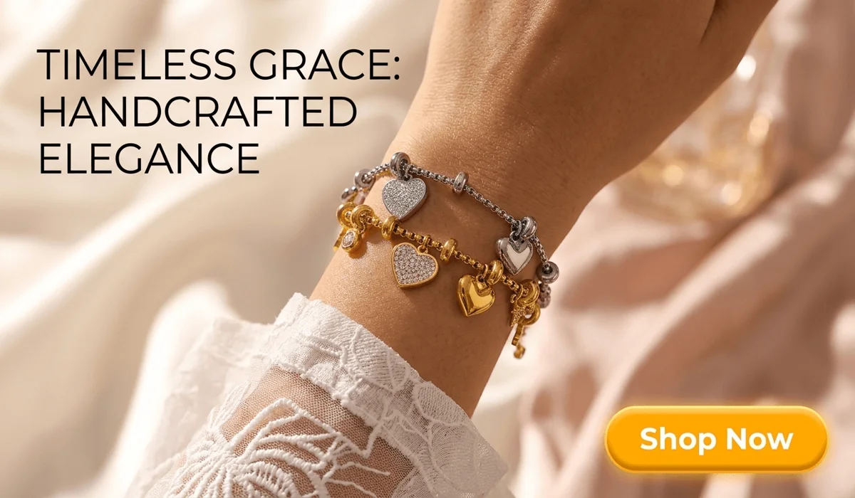 The Seal of Solomon and the Star of David: Exploring the History, Meanings, and Differences 3 - Buddha Bodhis Celestial Charm Titanium Steel Bracelet with handcrafted gold and silver heart charms on a woman's wrist, elegant jewelry blog featured image with Shop Now button.