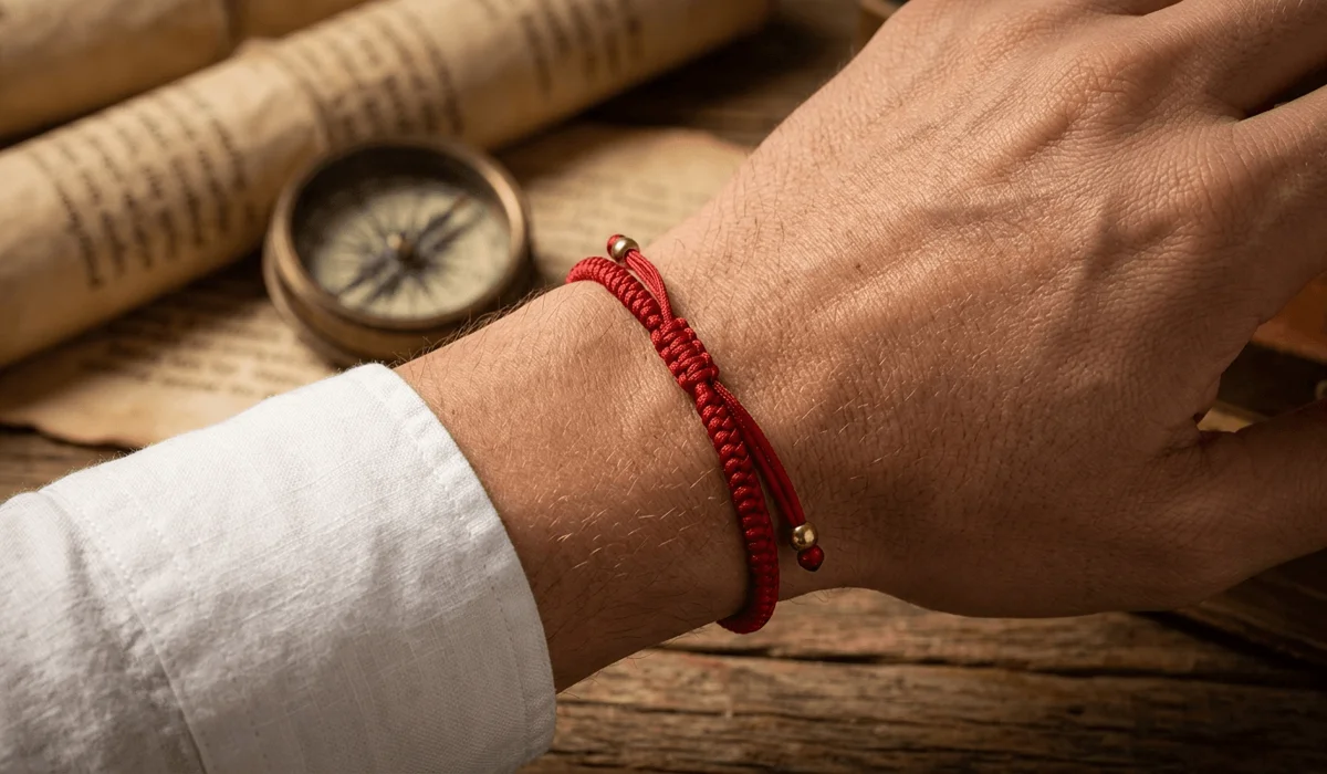 The Meaning of Red String Bracelets for Men: Protection, Fate, and Tradition - Buddha Bodhis Close-up of a man wearing a handmade red cord bracelet symbolizing ancient wisdom and protection.