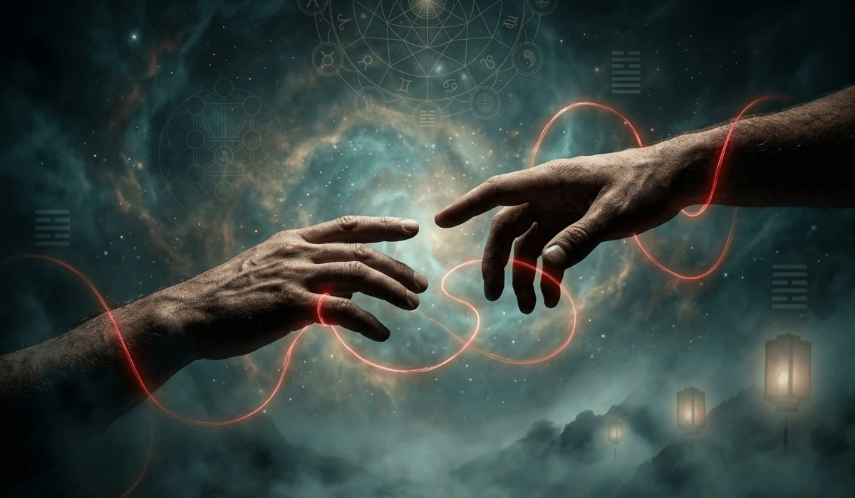The Meaning of Red String Bracelets for Men: Protection, Fate, and Tradition 1 - Buddha Bodhis Conceptual art of the red thread of fate connecting two people, symbolizing spiritual protection and destiny.