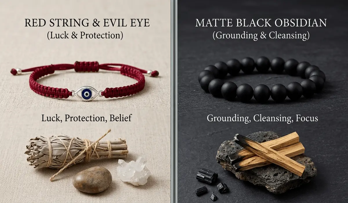 The Meaning of Red String Bracelets for Men: Protection, Fate, and Tradition 4 - Buddha Bodhis Comparison between a red string bracelet with an evil eye charm and a black obsidian protection bracelet.