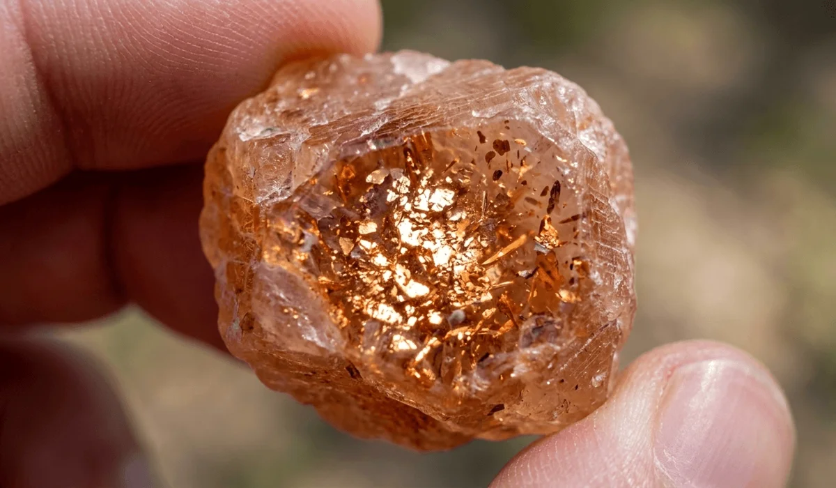 How to Identify Real Sunstone: Telling the Difference Between Natural Crystals and Goldstone - Buddha Bodhis Macro view of raw natural sunstone crystal showing internal copper inclusions and the schiller effect.