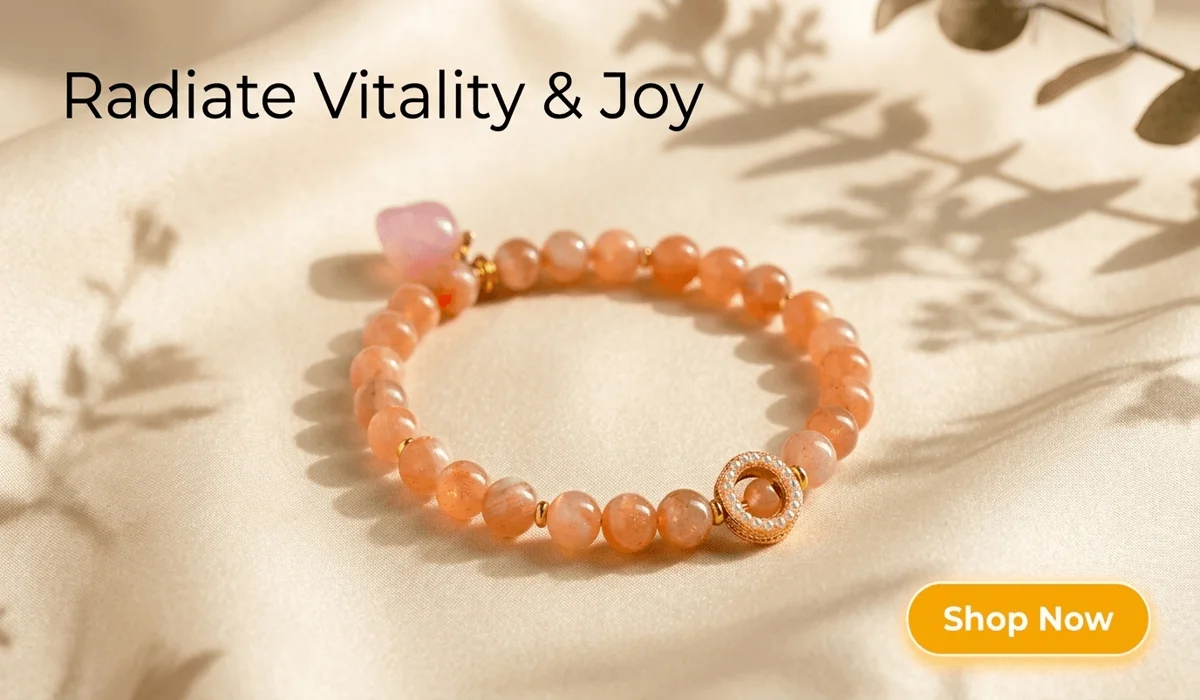 How to Identify Real Sunstone: Telling the Difference Between Natural Crystals and Goldstone 2 - Buddha Bodhis Handcrafted Natural Sunstone Bracelet with Peach Charm on a warm elegant background - High-end Vitality Jewelry for Women