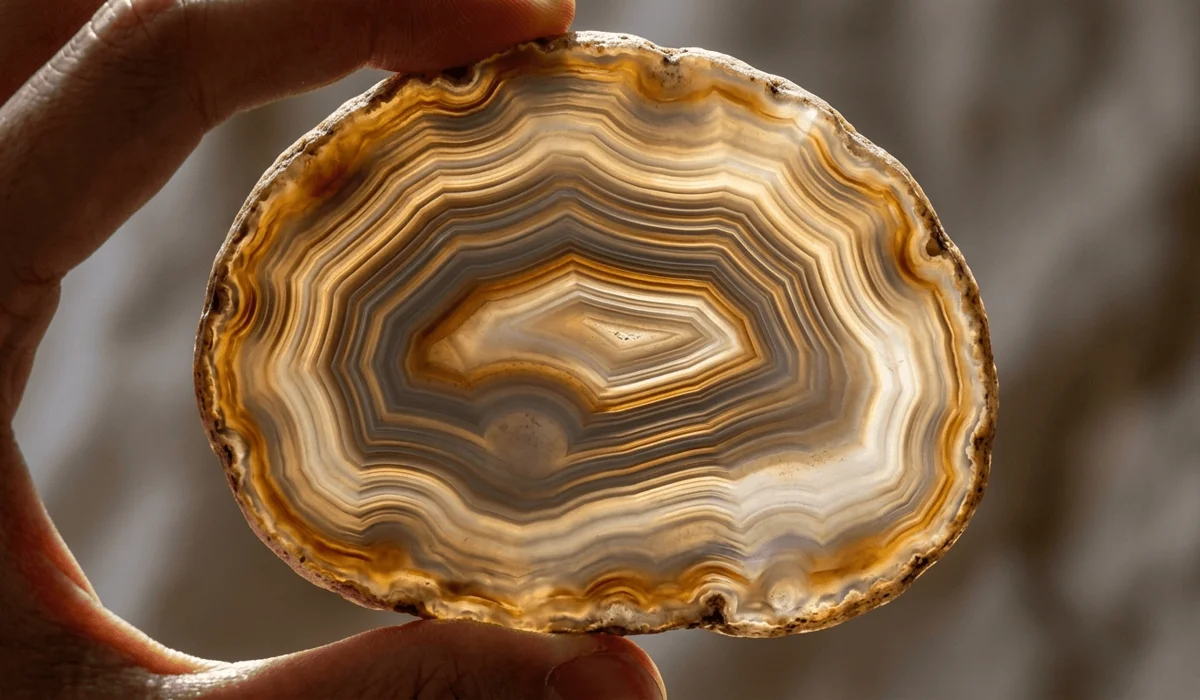 How to Identify Real Agate: A Guide to Spotting Dyed and Synthetic Stones - Buddha Bodhis Close-up of a natural agate slice showing authentic irregular banding and translucent quartz layers against light.