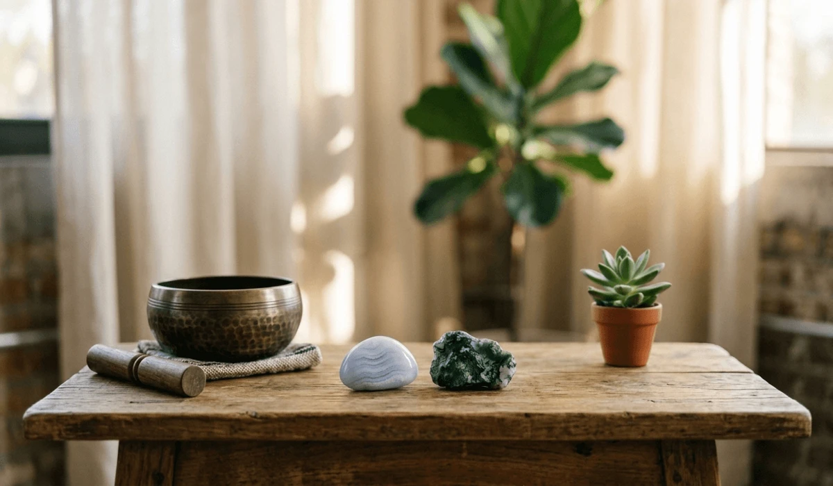 How to Identify Real Agate: A Guide to Spotting Dyed and Synthetic Stones 1 - Buddha Bodhis Natural agate stones on a meditation table representing spiritual grounding and chakra healing properties.