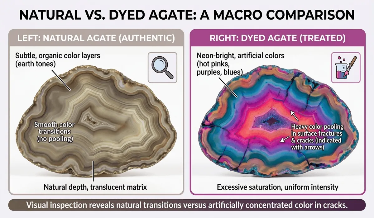 How to Identify Real Agate: A Guide to Spotting Dyed and Synthetic Stones 4 - Buddha Bodhis Comparison between a natural earthy agate and a bright neon dyed stone highlighting dye concentration in cracks.