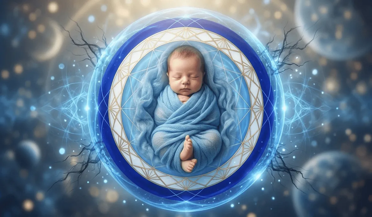 Protecting Your Children from the Evil Eye: Spiritual Practices and Cultural Wisdom 1 - Buddha Bodhis A child surrounded by a protective blue energy field and concentric circles symbolizing the bio-energetic shield of the Evil Eye.