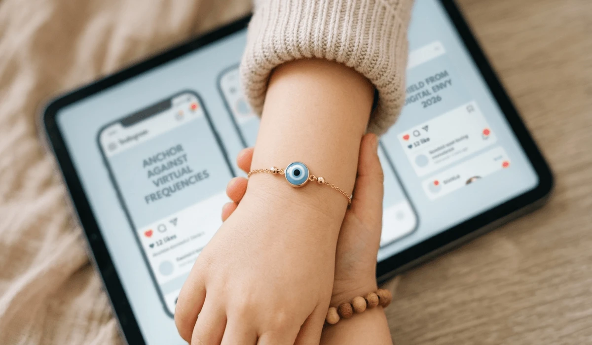 Protecting Your Children from the Evil Eye: Spiritual Practices and Cultural Wisdom 3 - Buddha Bodhis A close-up of a child's gold Evil Eye bracelet serving as a spiritual shield against modern digital envy and social media pressure.