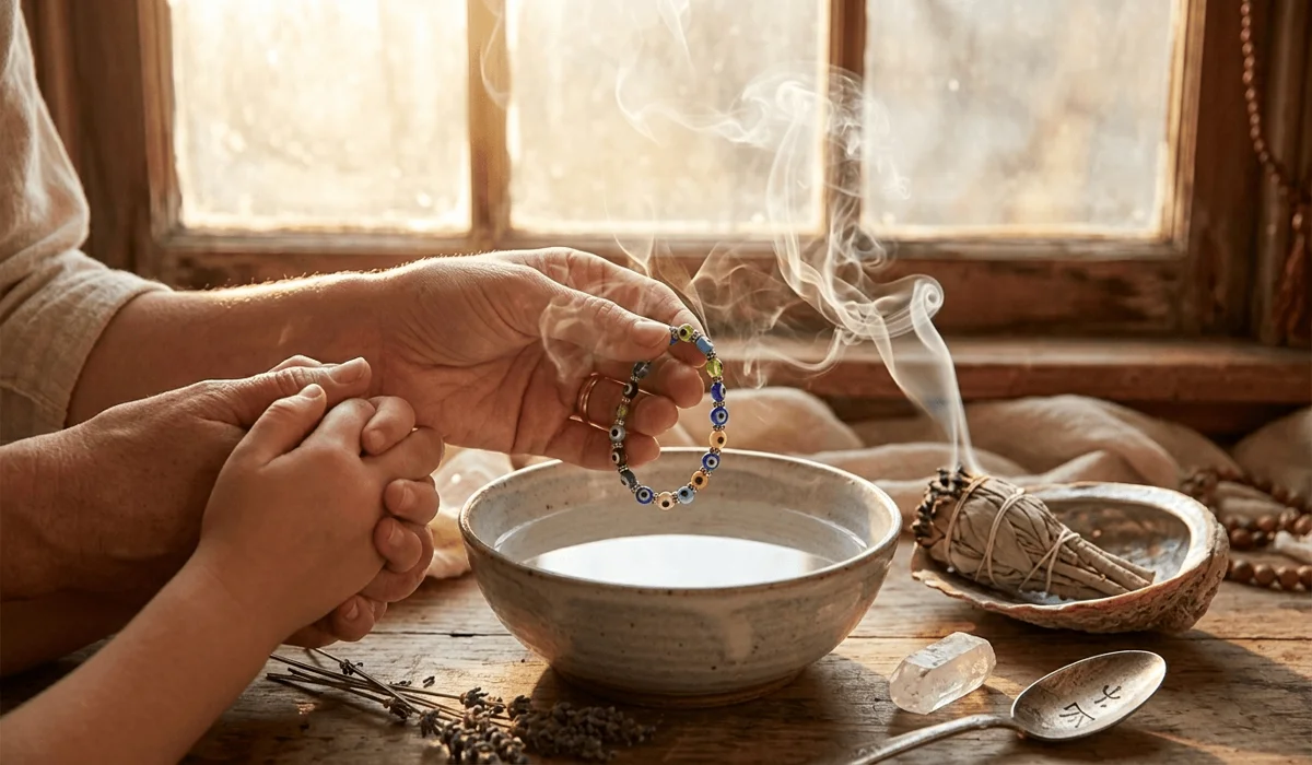 Protecting Your Children from the Evil Eye: Spiritual Practices and Cultural Wisdom 4 - Buddha Bodhis A spiritual cleansing ritual with sage smoke and sunlight to recharge a child's protective Evil Eye bracelet.