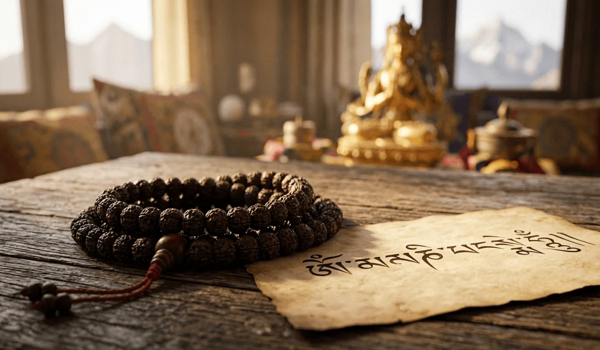 How to Practice the Om Mani Padme Hum Mantra with Mala Beads - Buddha Bodhis Traditional Bodhi seed mala beads and Tibetan script for Om Mani Padme Hum mantra practice.