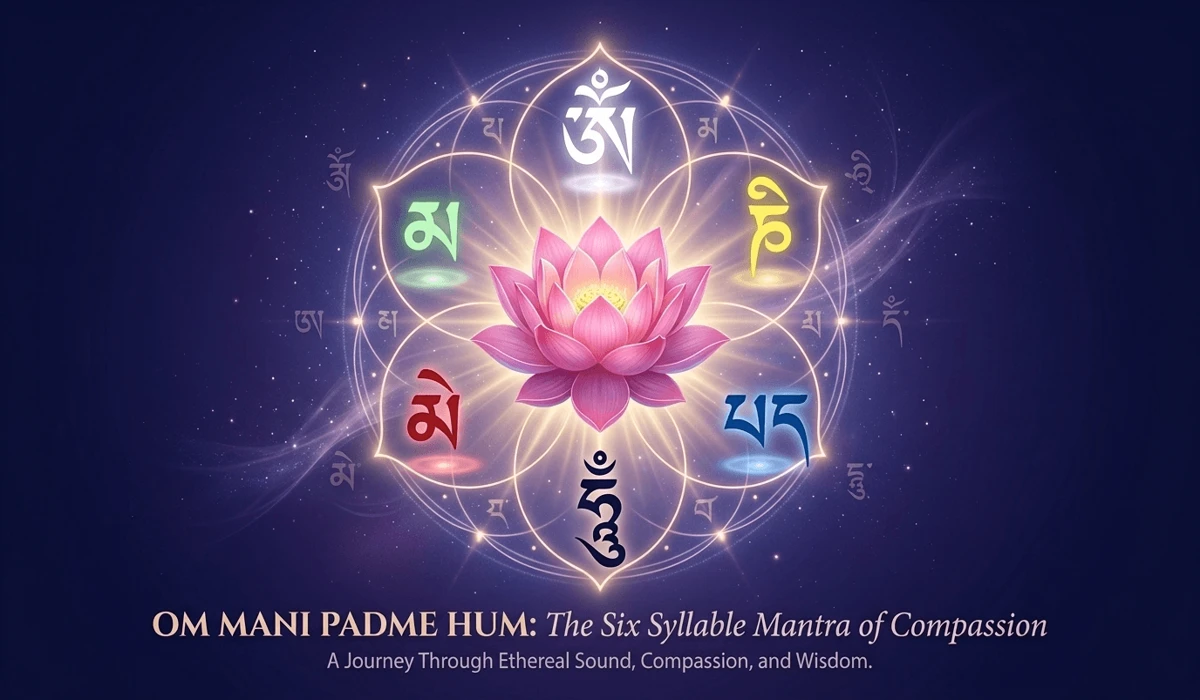 How to Practice the Om Mani Padme Hum Mantra with Mala Beads 1 - Buddha Bodhis Symbolic representation of the six syllables of the Om Mani Padme Hum mantra and a blooming lotus.