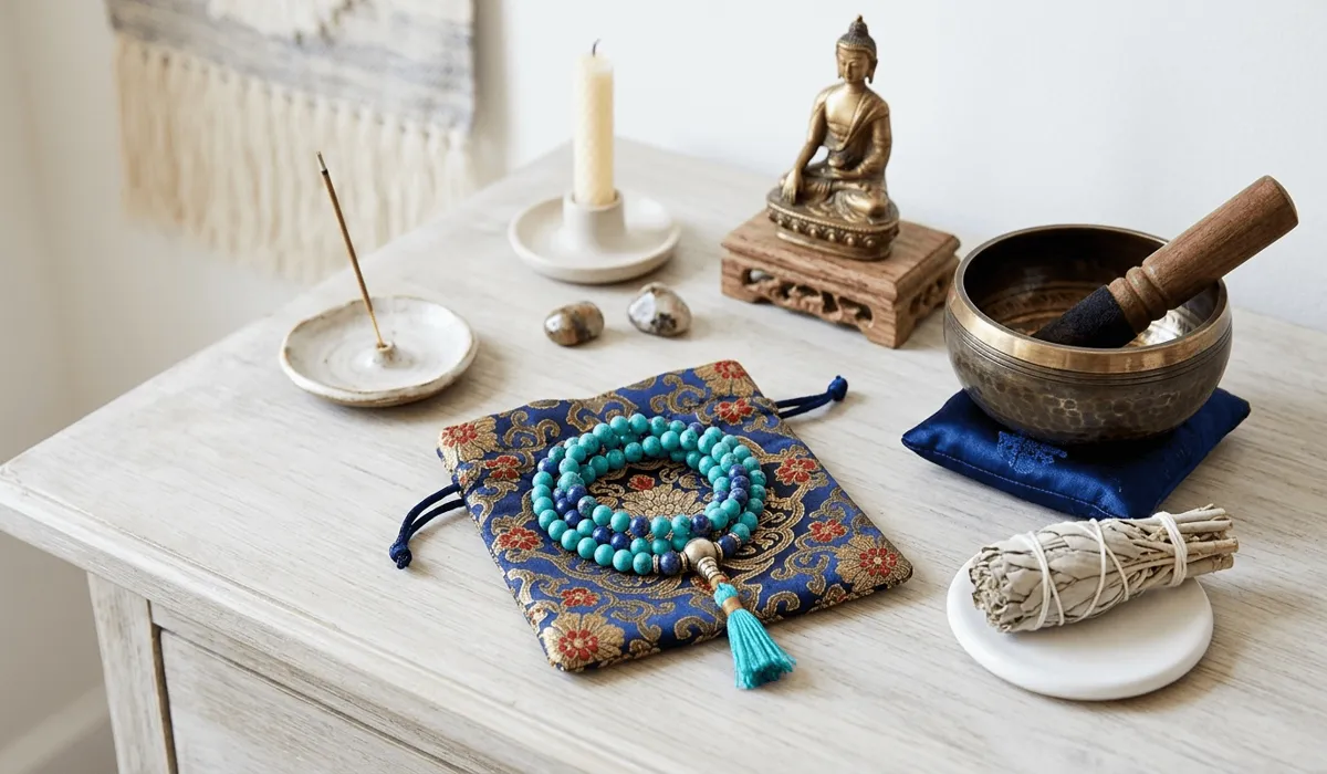 How to Practice the Om Mani Padme Hum Mantra with Mala Beads 4 - Buddha Bodhis Sacred storage and cleansing of mala beads with a silk pouch and Tibetan singing bowl on a meditation altar.