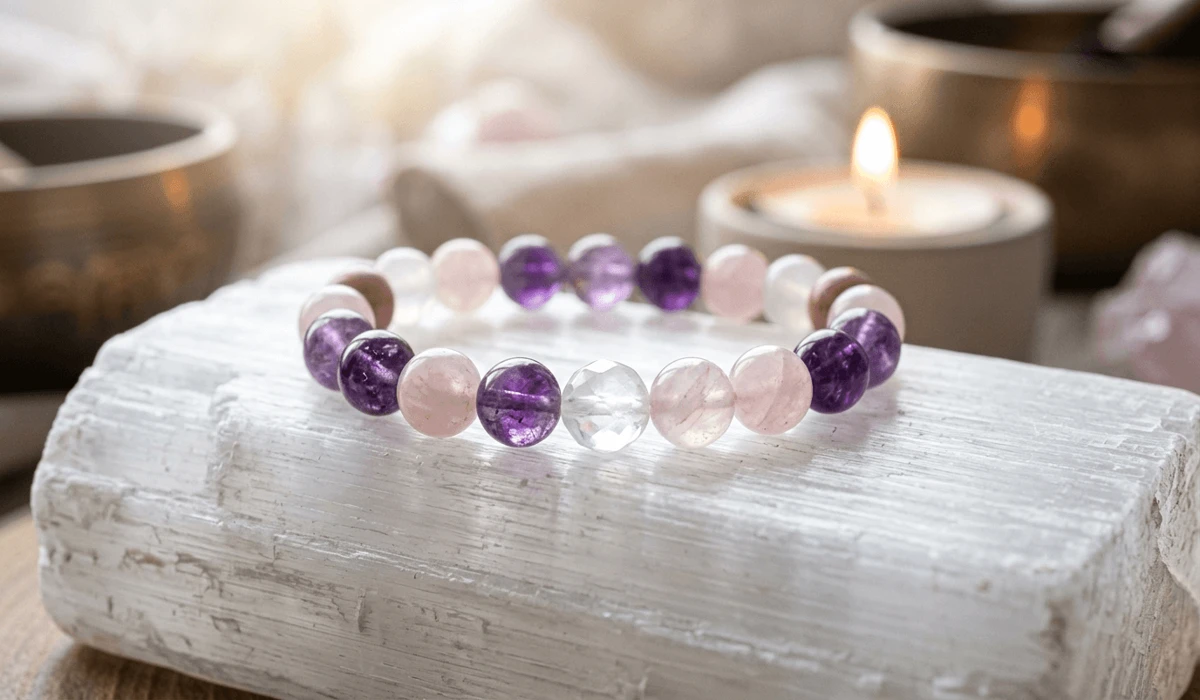 The Language of Jewelry: Meaningful Bracelets and the Intentions They Carry - Buddha Bodhis A meaningful gemstone bracelet with Amethyst and Rose Quartz resting on a selenite charging stone, symbolizing spiritual intention.