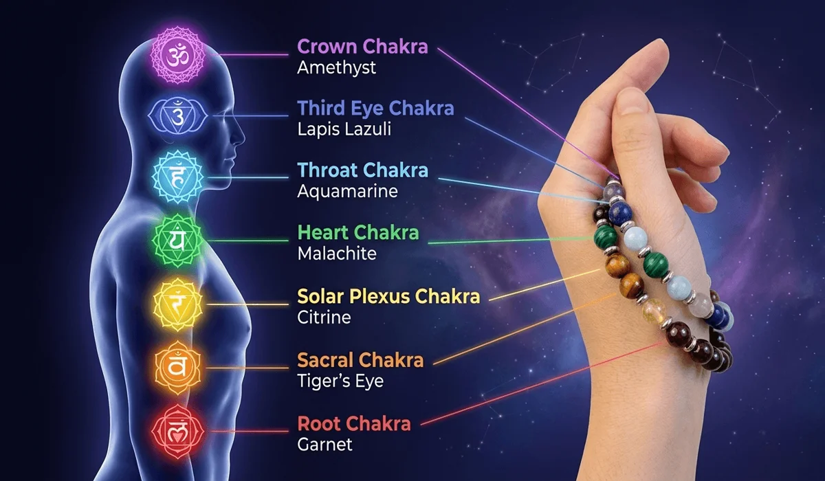The Language of Jewelry: Meaningful Bracelets and the Intentions They Carry 1 - Buddha Bodhis A chakra balancing bracelet featuring multi-colored gemstones aligned with the seven energy centers for spiritual healing.