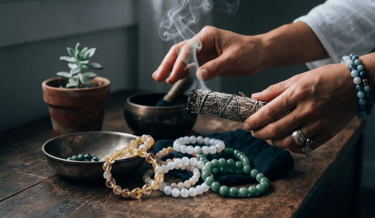 The Language of Jewelry: Meaningful Bracelets and the Intentions They Carry 4 - Buddha Bodhis Cleansing a gemstone bracelet with sage smoke as part of a spiritual maintenance and charging ritual.