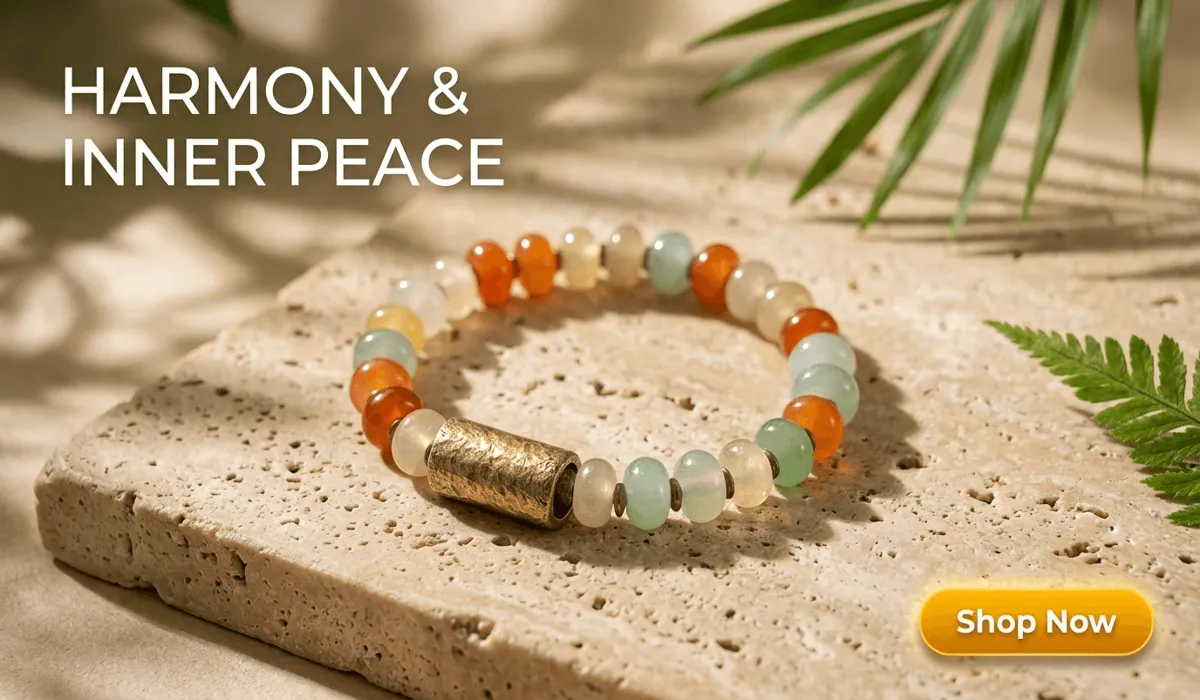 The Language of Jewelry: Meaningful Bracelets and the Intentions They Carry 3 - Buddha Bodhis 7 Chakra Multi-Color Agate Bracelet for emotional balance and harmony, featuring natural beads and a hammered gold accent, high-end jewelry photography with Shop Now button.