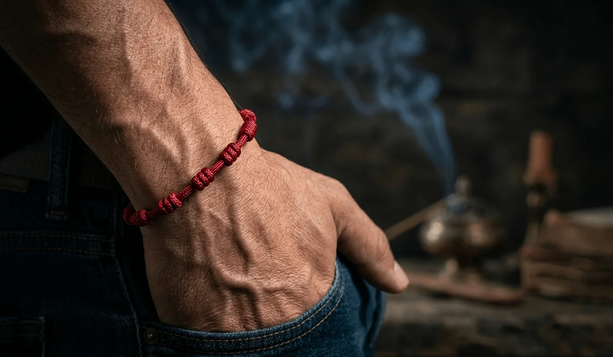 The Spiritual Significance of the 7 Knot Red String Bracelet for Men - Buddha Bodhis A man's wrist wearing a 7 knot red string bracelet, symbolizing spiritual protection and strength.