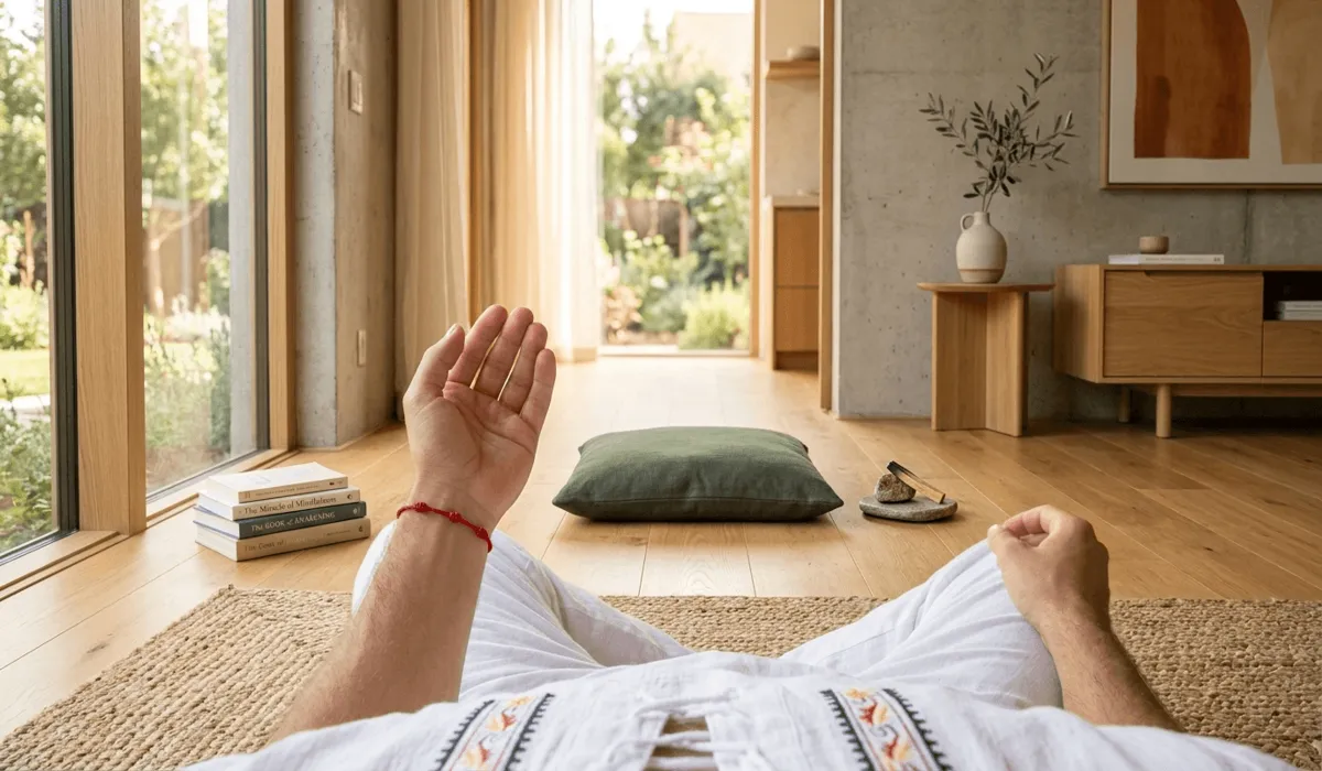 The Spiritual Significance of the 7 Knot Red String Bracelet for Men 2 - Buddha Bodhis A man meditating with a red string bracelet on his left wrist for mindfulness and energy shielding.