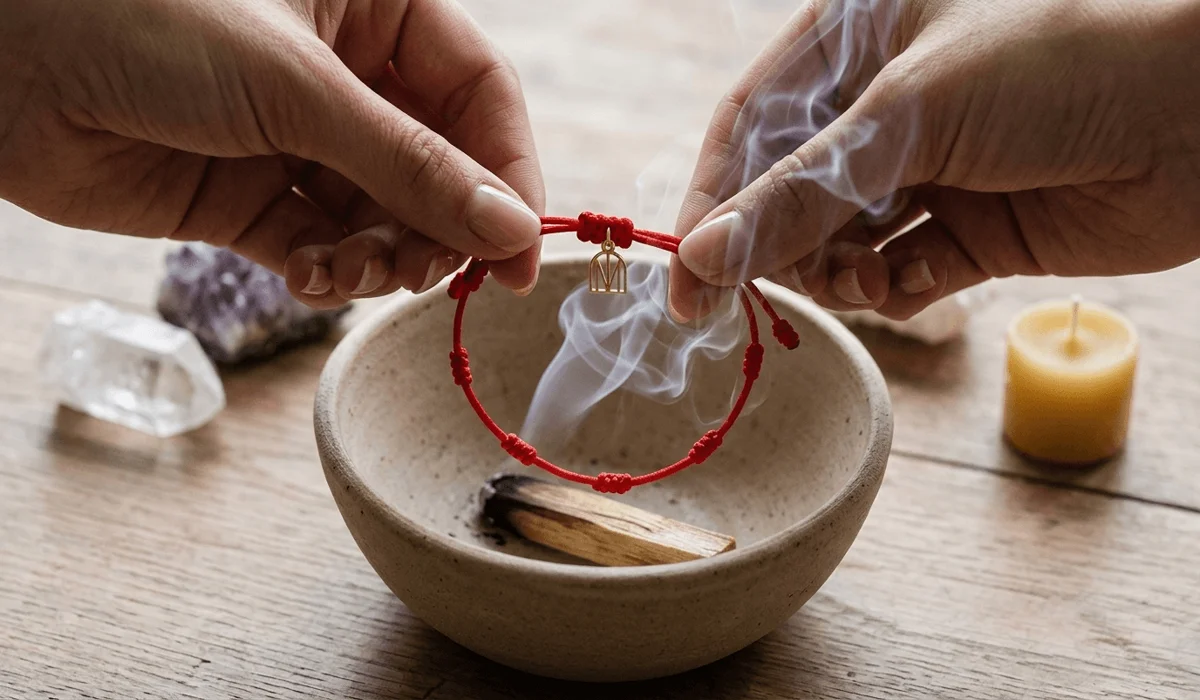 The Spiritual Significance of the 7 Knot Red String Bracelet for Men 4 - Buddha Bodhis Cleansing a 7 knot red string bracelet with palo santo smoke to recharge its spiritual energy.