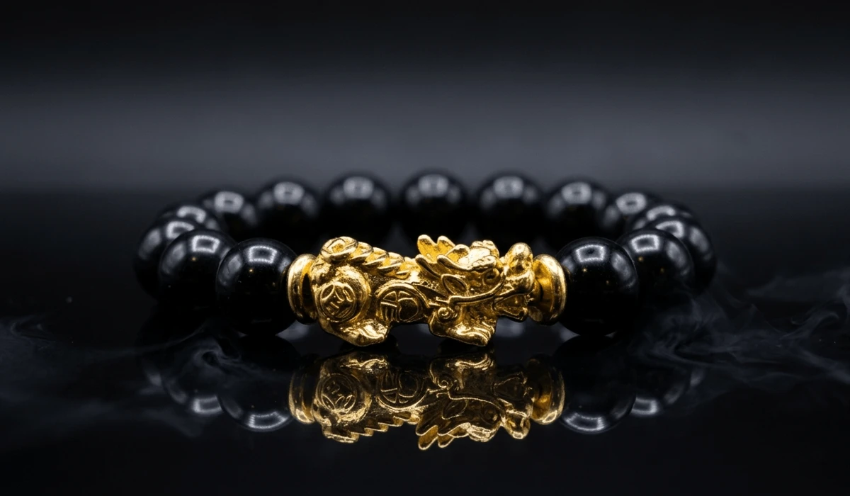 The Meaning and Benefits of the Pixiu Black Obsidian Bracelet - Buddha Bodhis A luxury Pixiu black obsidian bracelet with golden charm and glossy black beads on a dark background.