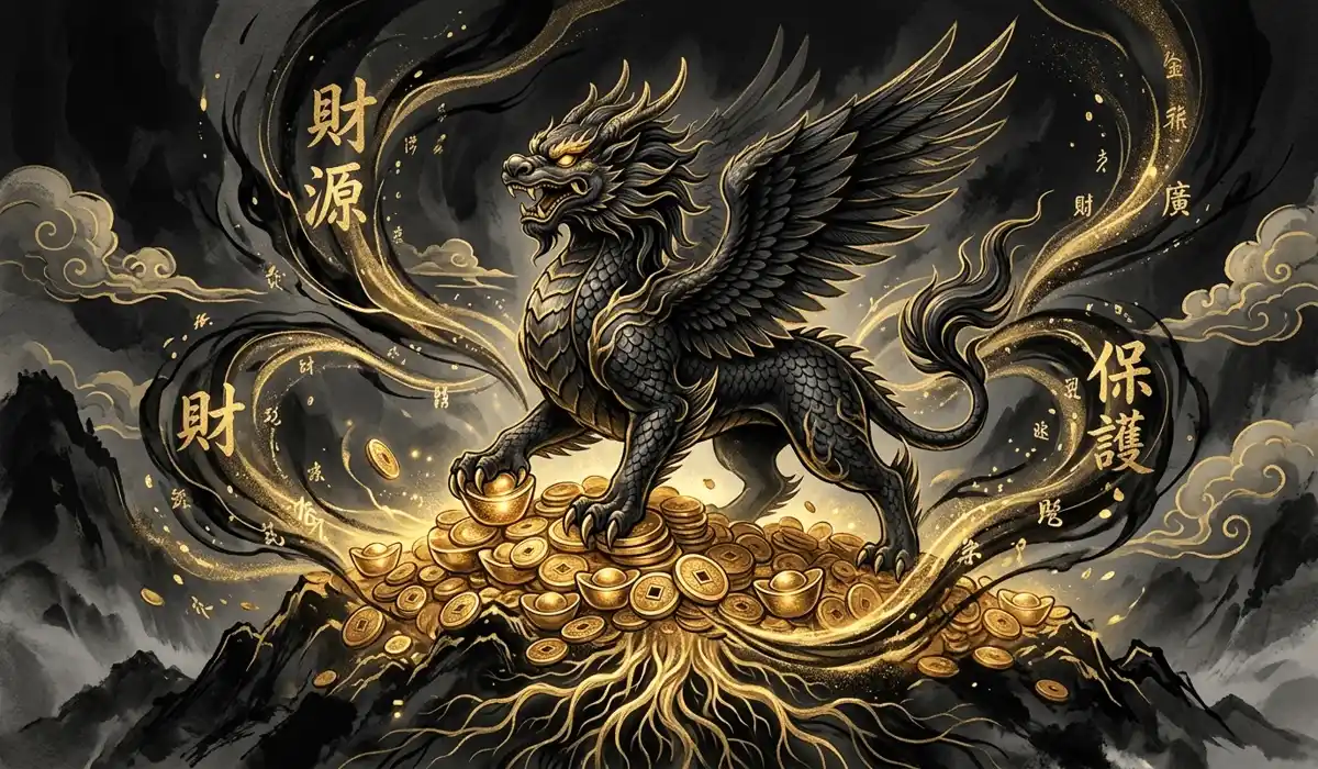 The Meaning and Benefits of the Pixiu Black Obsidian Bracelet 1 - Buddha Bodhis Mythical Pixiu creature standing on gold coins representing wealth attraction and spiritual protection.