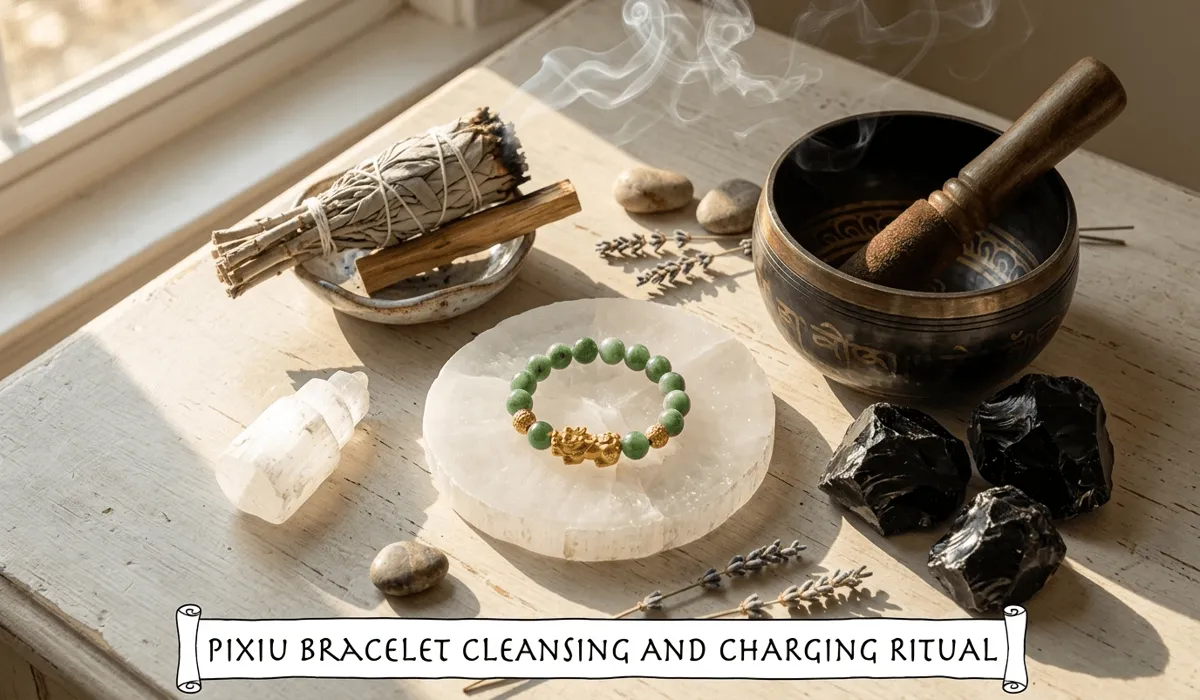 The Meaning and Benefits of the Pixiu Black Obsidian Bracelet 4 - Buddha Bodhis Cleansing a Pixiu obsidian bracelet with sage and a selenite charging plate to reset its energy.