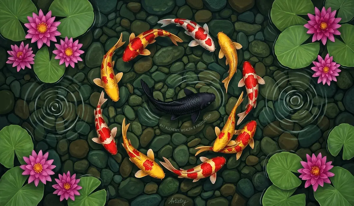 The Meaning of 9 Koi Fish in Feng Shui: Symbolism and Placement for Prosperity 1 - Buddha Bodhis Top-down view of 9 Feng Shui Koi fish with 8 red and 1 black fish in a pond, representing the balance of wealth expansion and protection.