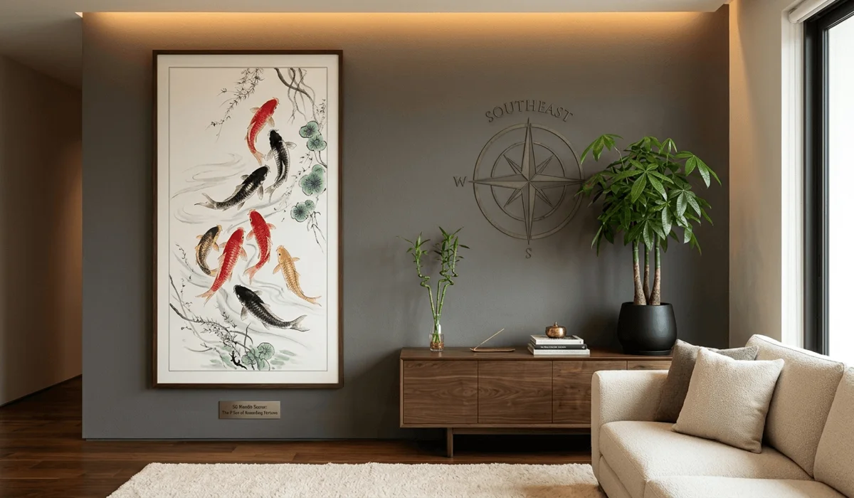 The Meaning of 9 Koi Fish in Feng Shui: Symbolism and Placement for Prosperity 2 - Buddha Bodhis Modern living room interior showing the correct Feng Shui placement of a 9 Koi fish painting in the wealth sector to attract abundance.