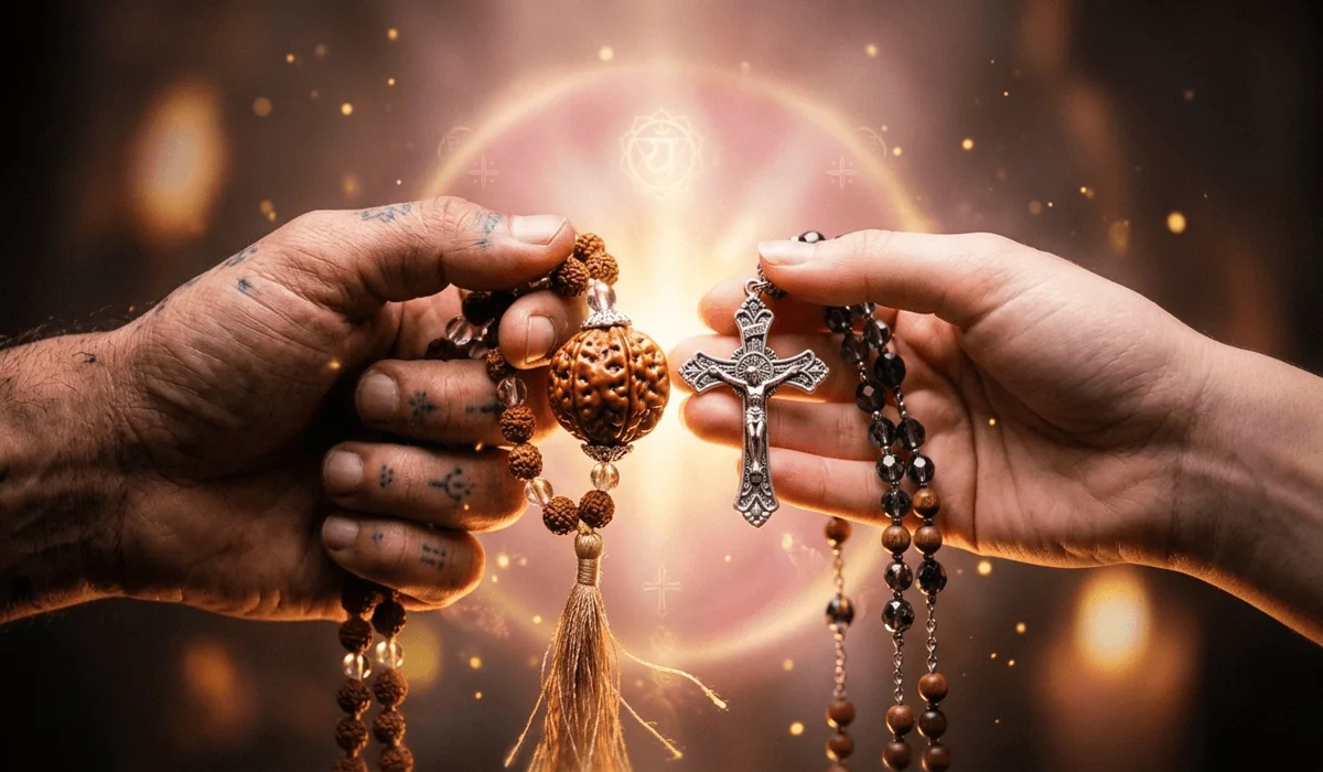 Mala Beads vs. Rosaries: Exploring the Differences in Tradition, Symbolism, and Use 1 - Buddha Bodhis Close-up of the Guru bead and Crucifix, representing the spiritual anatomy and symbolic heart of Eastern and Western prayer traditions.