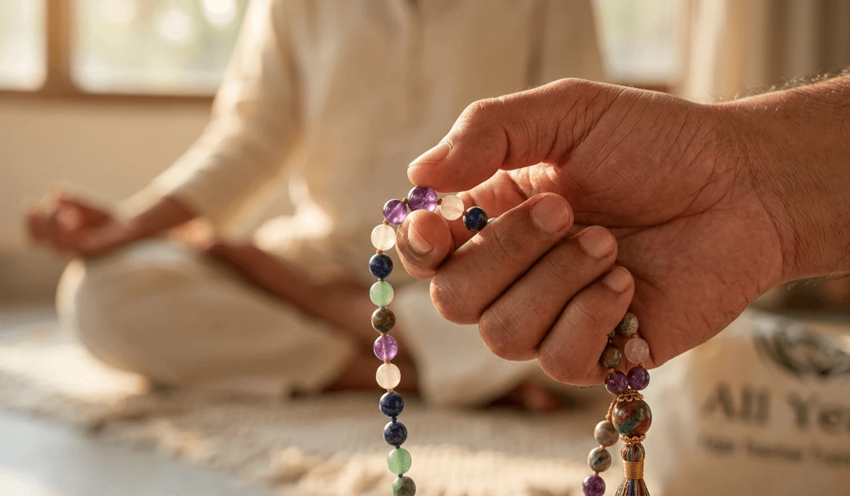 Mala Beads vs. Rosaries: Exploring the Differences in Tradition, Symbolism, and Use 3 - Buddha Bodhis A person practicing Japa meditation with Mala beads, showing the traditional hand technique for mindfulness and mantra recitation.
