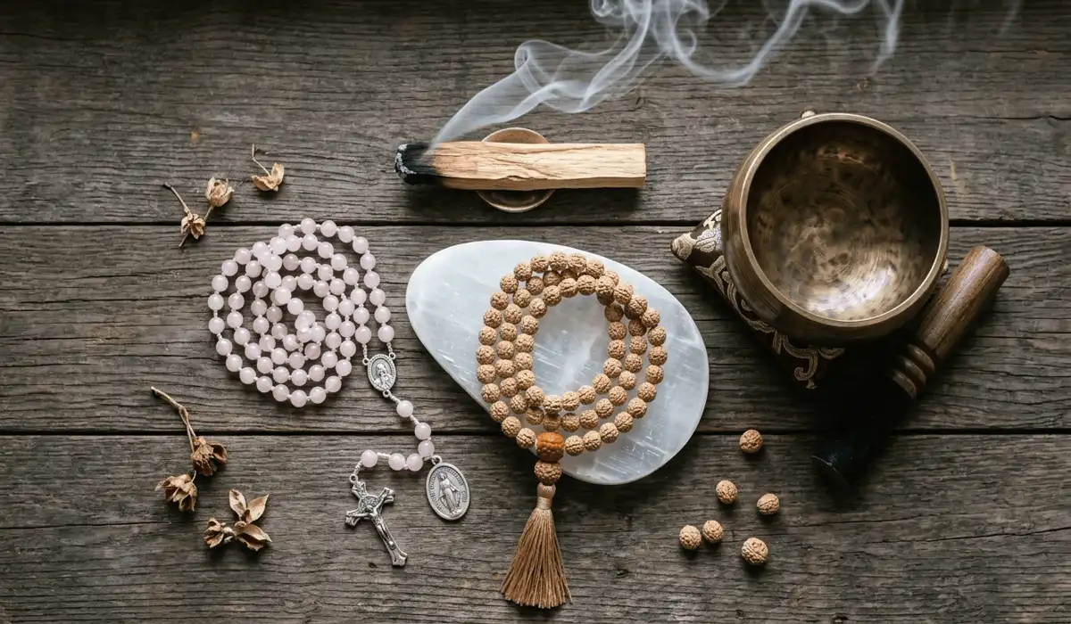 Mala Beads vs. Rosaries: Exploring the Differences in Tradition, Symbolism, and Use 4 - Buddha Bodhis A collection of sacred prayer beads including malas and rosaries being cleansed with smoke and crystals on a meditation altar.
