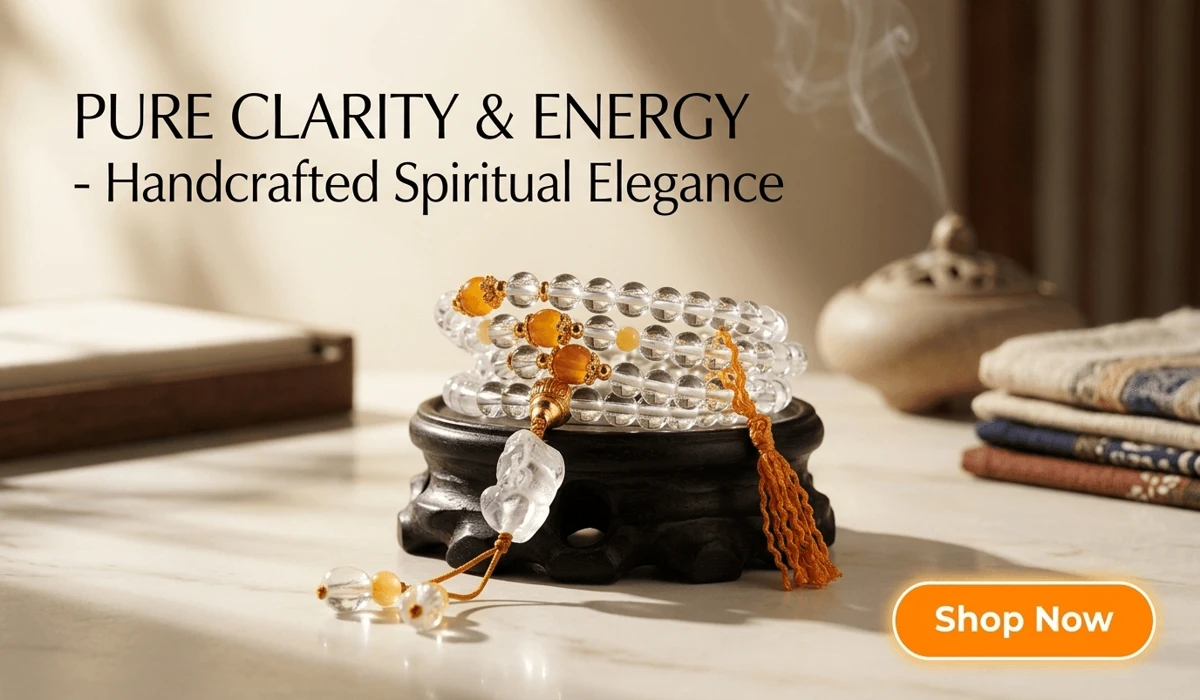 Mala Beads vs. Rosaries: Exploring the Differences in Tradition, Symbolism, and Use 2 - Buddha Bodhis Handcrafted 108 White Crystal Mala Bracelet with Amber and Crystal Pendant for Meditation and Spiritual Balance