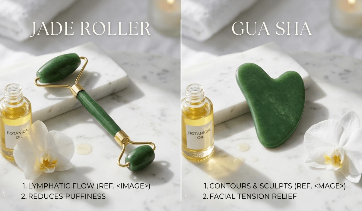 Jade Roller vs. Gua Sha: Choosing the Right Tool for Your Facial Ritual - Buddha Bodhis Comparison of a green jade roller and a gua sha tool on a marble surface, representing the choice between facial rolling and scraping.