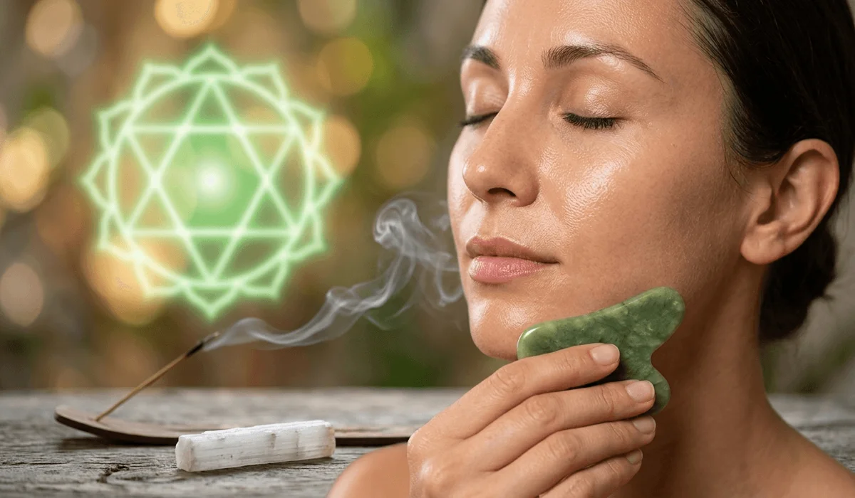 Jade Roller vs. Gua Sha: Choosing the Right Tool for Your Facial Ritual 1 - Buddha Bodhis A woman performing a facial gua sha ritual with spiritual elements representing heart chakra healing and mindfulness.