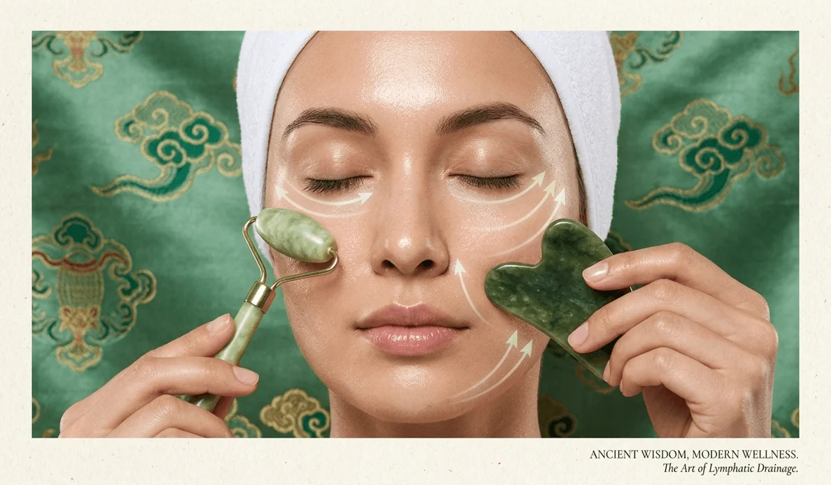 Jade Roller vs. Gua Sha: Choosing the Right Tool for Your Facial Ritual 2 - Buddha Bodhis Visual guide showing the different techniques of a jade roller for depuffing and gua sha for sculpting the face.