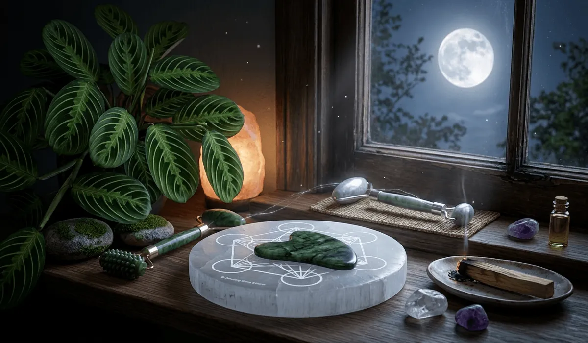 Jade Roller vs. Gua Sha: Choosing the Right Tool for Your Facial Ritual 4 - Buddha Bodhis Jade facial tools being energetically charged on a selenite plate and under moonlight to maintain their healing properties.