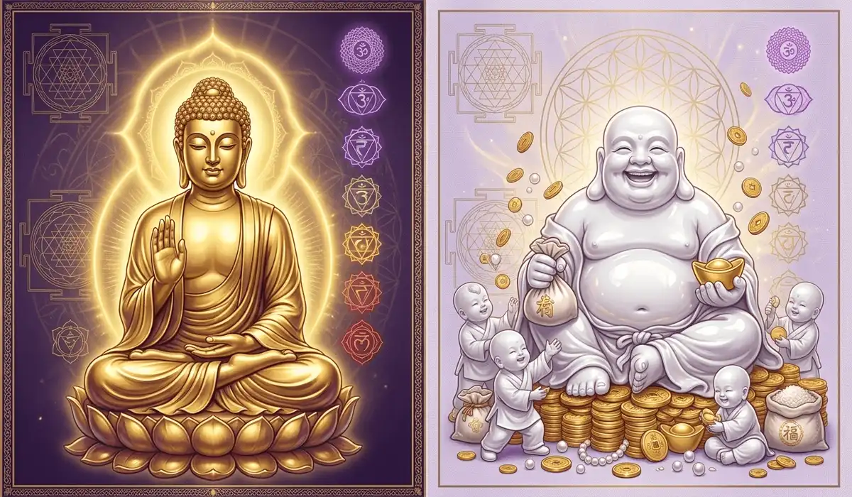 Is it Disrespectful to Wear Buddha Jewelry? A Guide to Cultural Etiquette and Meaning 1 - Buddha Bodhis Comparison between the meditative Gautama Buddha and the joyful Laughing Buddha showing different spiritual meanings and mudras.