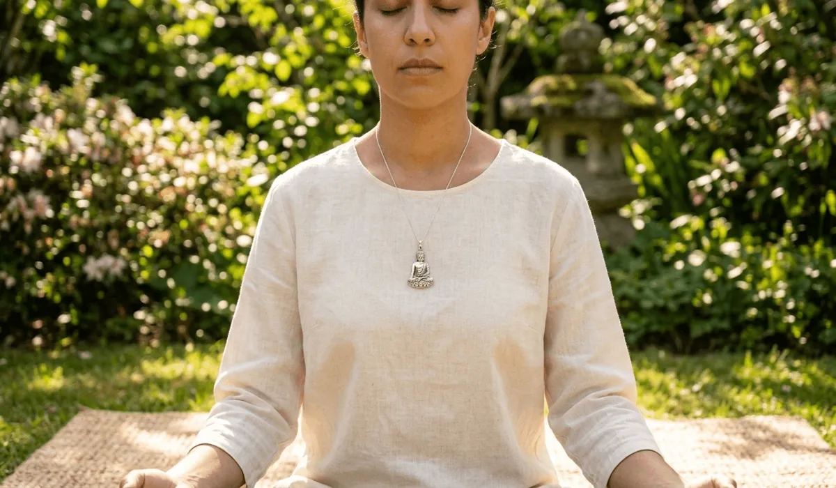 Is it Disrespectful to Wear Buddha Jewelry? A Guide to Cultural Etiquette and Meaning 2 - Buddha Bodhis Proper etiquette for wearing a Buddha pendant above the waist near the heart during meditation.