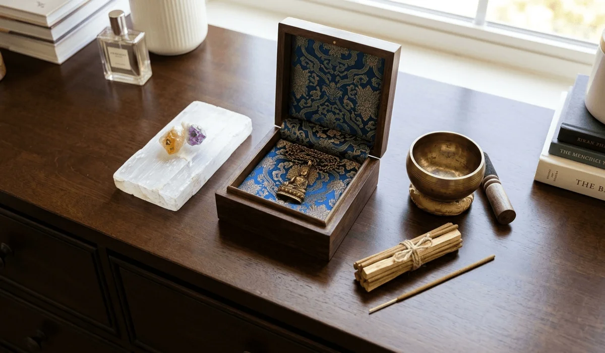 Is it Disrespectful to Wear Buddha Jewelry? A Guide to Cultural Etiquette and Meaning 4 - Buddha Bodhis Respectful storage and cleansing of Buddha jewelry using selenite and a dedicated high shelf.