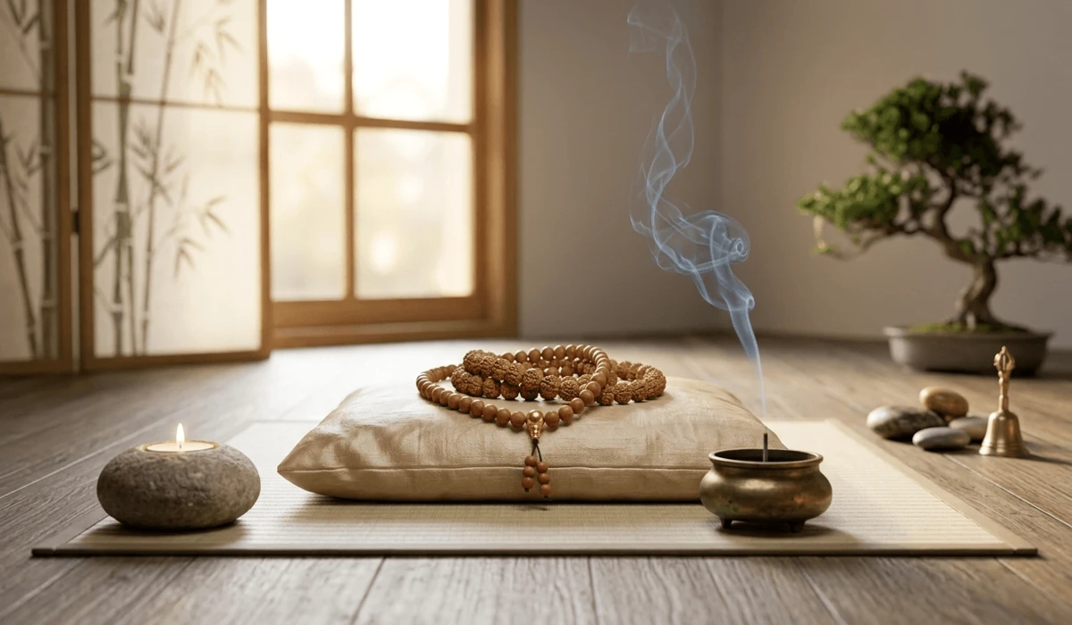 How to Pronounce Om Mani Padme Hum: A Guide to the Sanskrit and Tibetan Chants - Buddha Bodhis Preparation tools for Om Mani Padme Hum practice featuring sandalwood malas and a meditation cushion in a serene space.