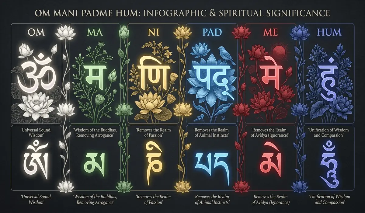 How to Pronounce Om Mani Padme Hum: A Guide to the Sanskrit and Tibetan Chants 1 - Buddha Bodhis Visual breakdown of the six syllables of Om Mani Padme Hum with their corresponding spiritual colors.