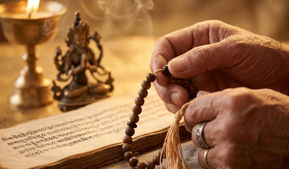How to Pronounce Om Mani Padme Hum: A Guide to the Sanskrit and Tibetan Chants 4 - Buddha Bodhis Close-up of using a mala for rhythmic consistency during the Om Mani Padme Hum mantra practice.