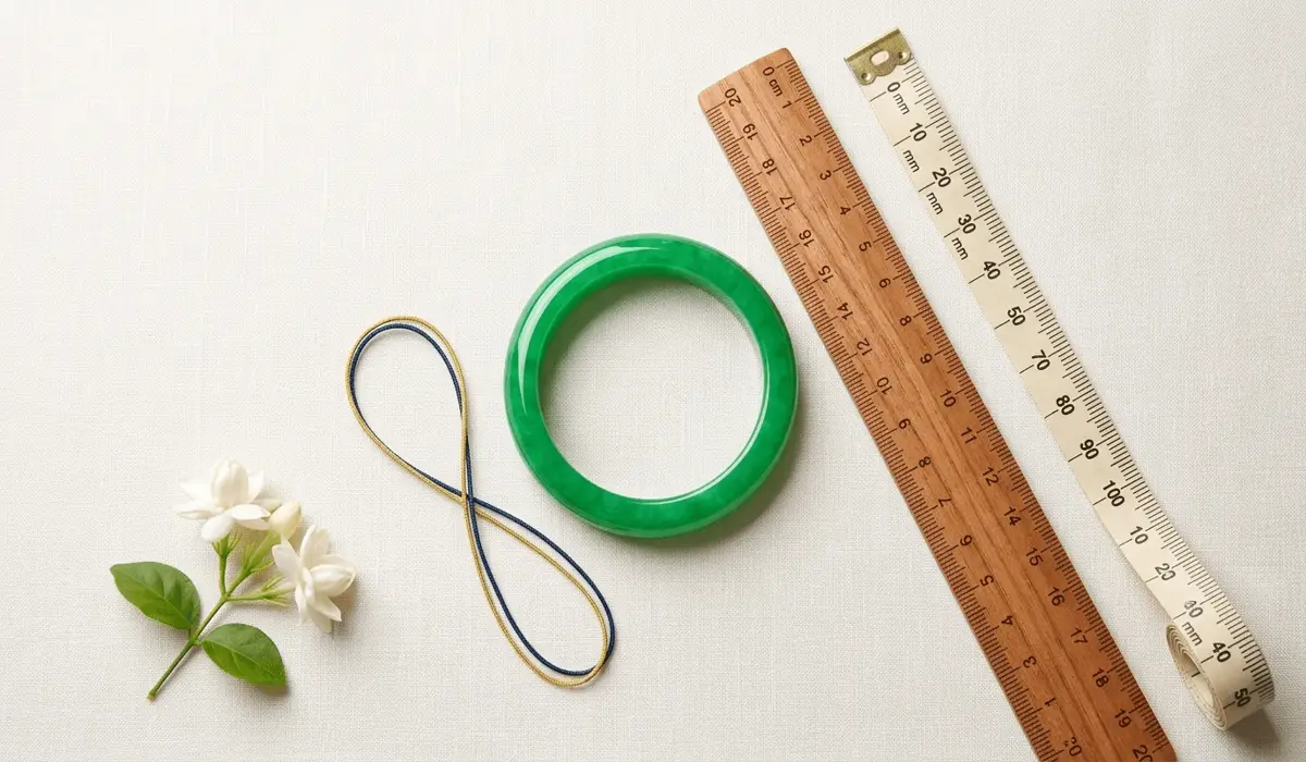 How to Measure Your Hand for the Perfect Jade Bangle Size - Buddha Bodhis Essential tools for measuring hand size for a jade bangle including a flexible measuring tape, string, and a green jadeite bangle on a minimalist background.