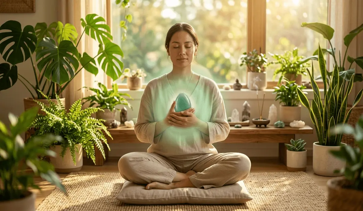 Green Aventurine: Spiritual Benefits for Luck, Wealth, and Opportunity 1 - Buddha Bodhis A person meditating with Green Aventurine for Heart Chakra alignment and emotional healing.