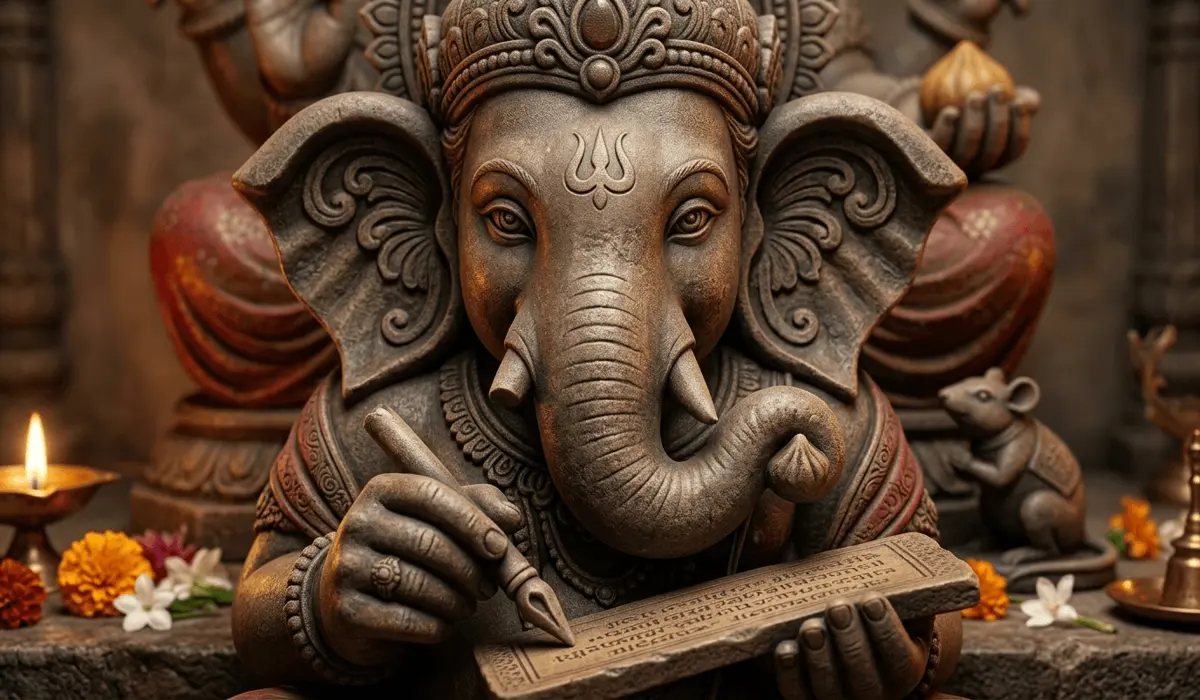 Ganesha and Buddha Statues: Understanding Their Symbolism and Placement for Your Home 1 - Buddha Bodhis Close-up of Ganesha statue detailing the symbolic elephant head, large ears, and broken tusk representing intellect and sacrifice.