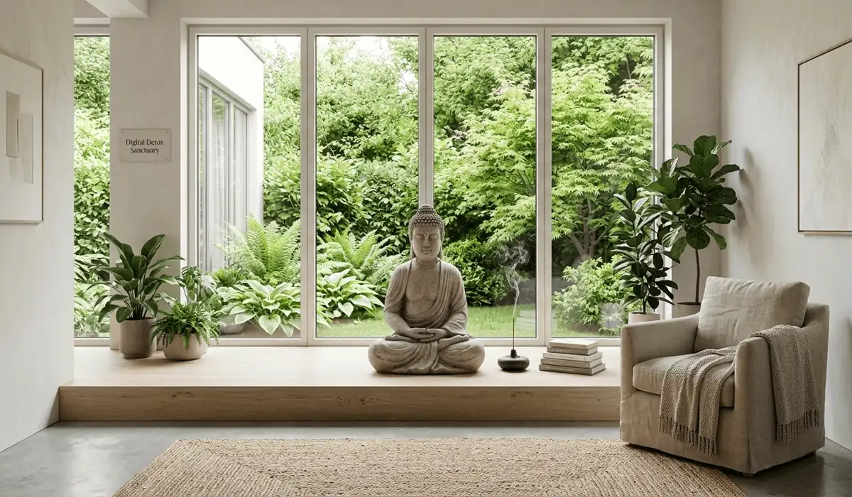 Ganesha and Buddha Statues: Understanding Their Symbolism and Placement for Your Home 2 - Buddha Bodhis A modern Zen meditation corner featuring a Buddha statue for mental equanimity and digital detox.