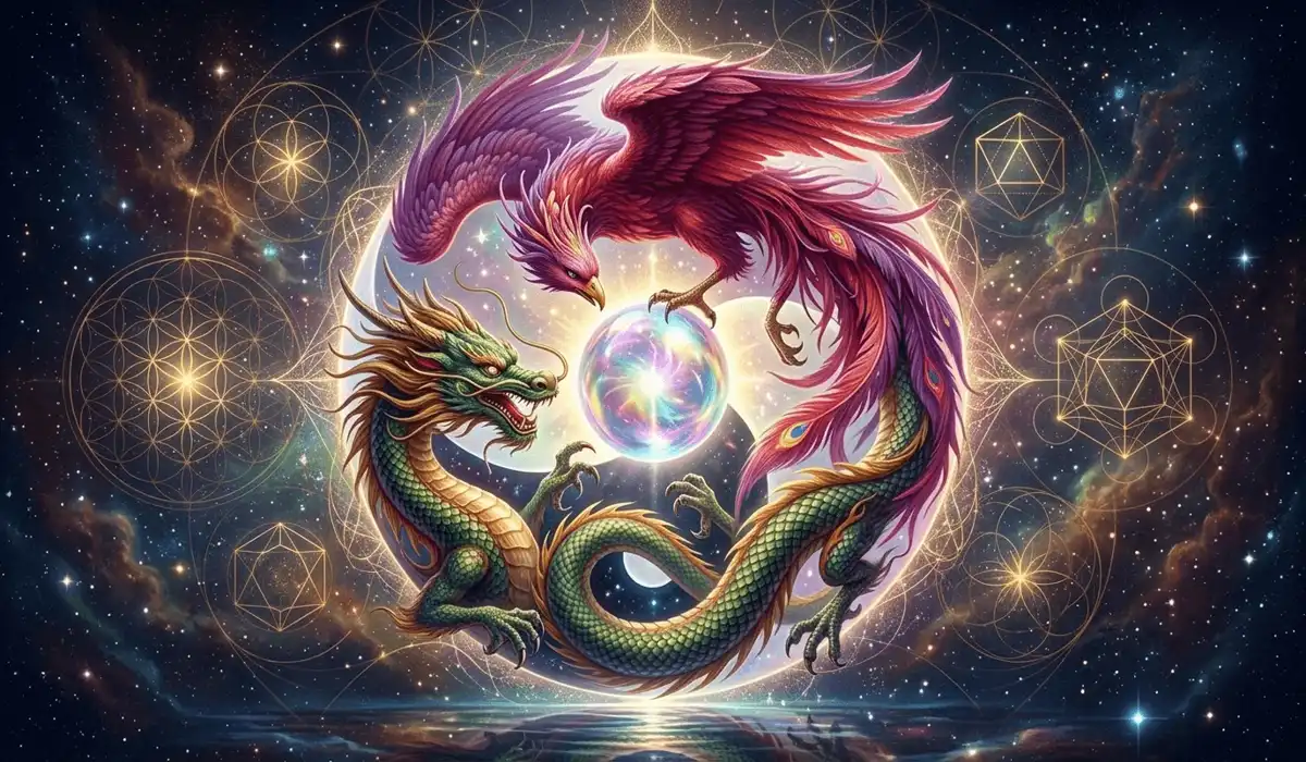 The Dragon and Phoenix: Understanding the Symbolism of Relationship Harmony and Balance 1 - Buddha Bodhis The Dragon and Phoenix circling the glowing Pearl of Wisdom, representing the hidden philosophy of non-duality and spiritual energy in a relationship.