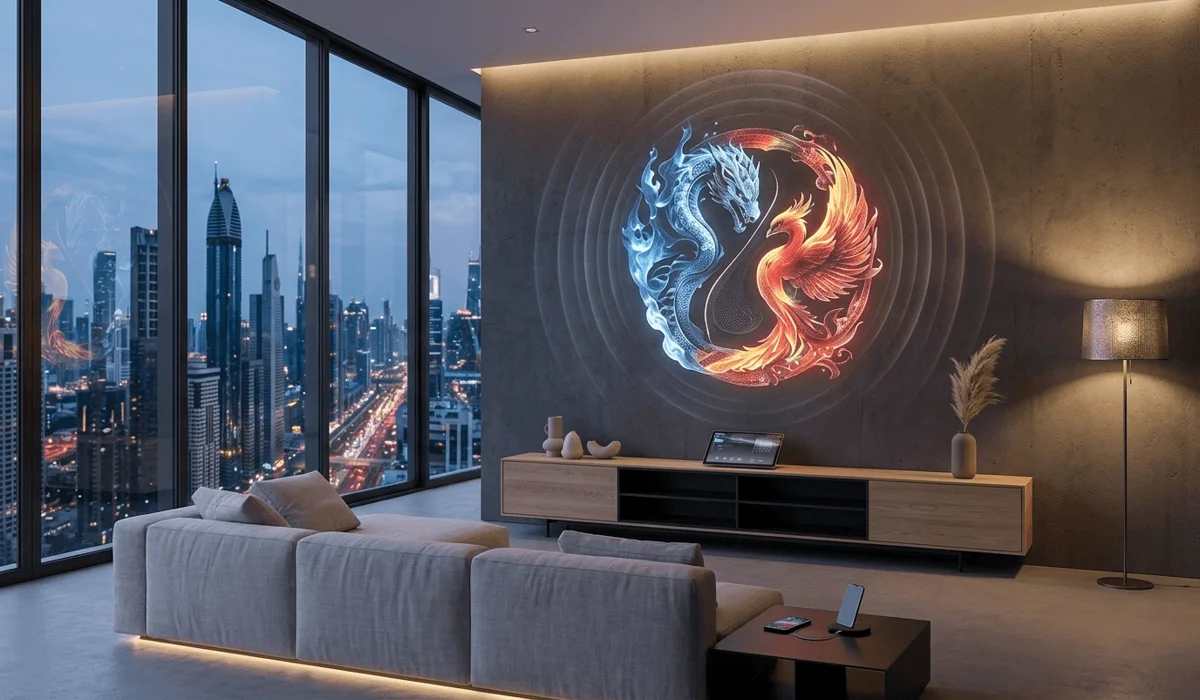The Dragon and Phoenix: Understanding the Symbolism of Relationship Harmony and Balance 3 - Buddha Bodhis A modern interior featuring a stylized Dragon and Phoenix art piece, illustrating the evolution of the symbol as a spiritual anchor in the digital age.