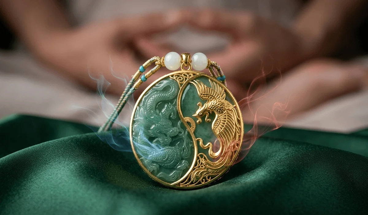 The Dragon and Phoenix: Understanding the Symbolism of Relationship Harmony and Balance 4 - Buddha Bodhis Close-up of a sacred Dragon and Phoenix jewelry talisman, used for meditation and attracting relationship harmony and prosperity.